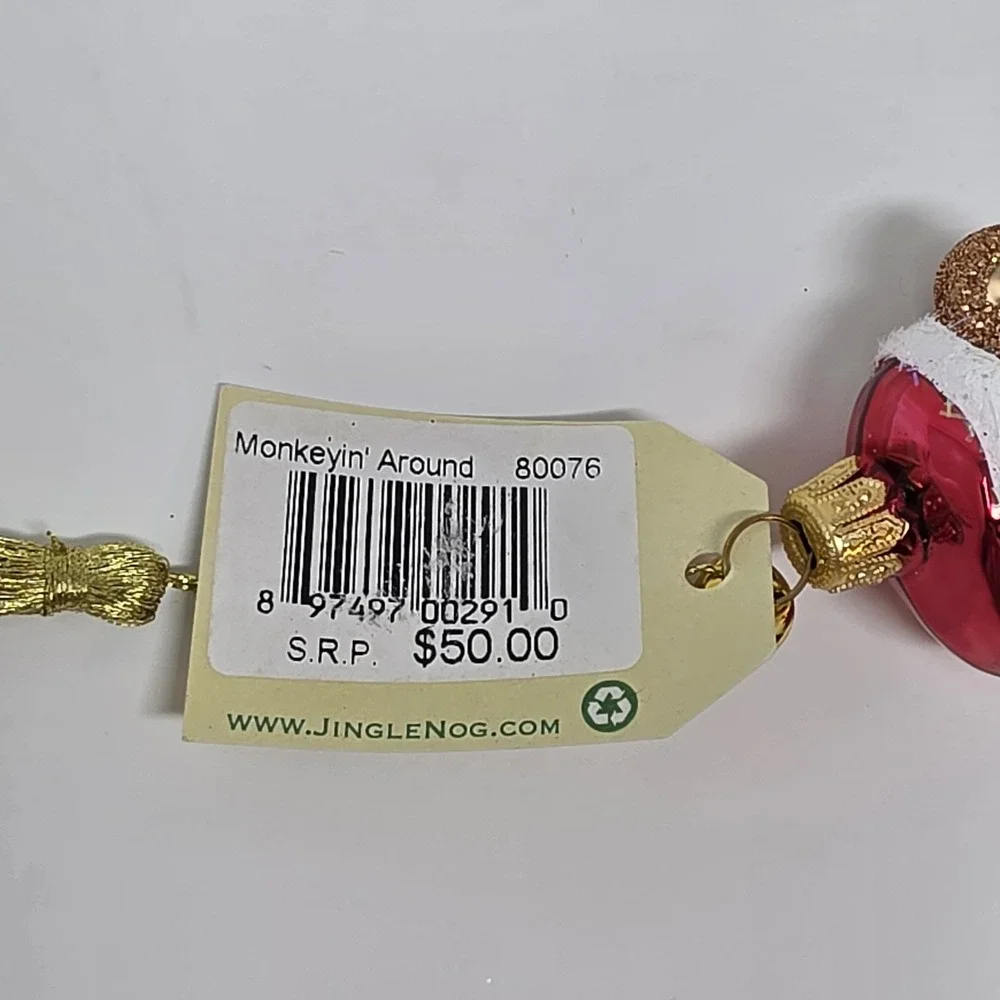 JingleNog Monkeyin Around White Ornament #80076 Hand Blown & Painted in Poland